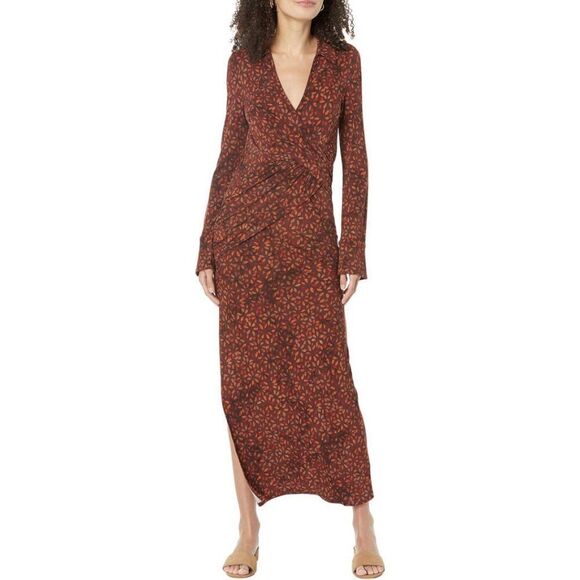 Free People Shayla Wrap Midi Dress Brown Chocolate Combo Women's L NWT - Picture 5 of 11
